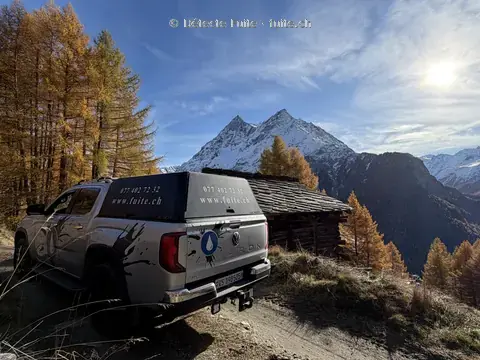 Véhicule Détecte Fuite au pied des mélèzes et des montagnes
